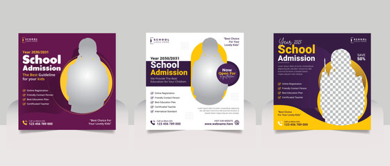 School admission social media post banner, educational social media post square flyer back to school web banner design template set.