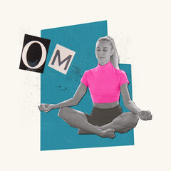 Contemporary art collage. Young woman sitting in lotus pose, practising yoga. Feeling calm and...