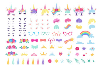 Cute unicorn creator kit, childish magical elements, flat vector illustration isolated on white background. © sabelskaya