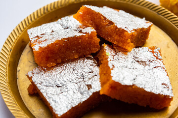 Fototapeta na wymiar Moti Pak or Motichur barfi/motichoor burfi is a popular indian sweet for diwali, special occassion