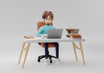 3d illustration. .man working on the table have a computer