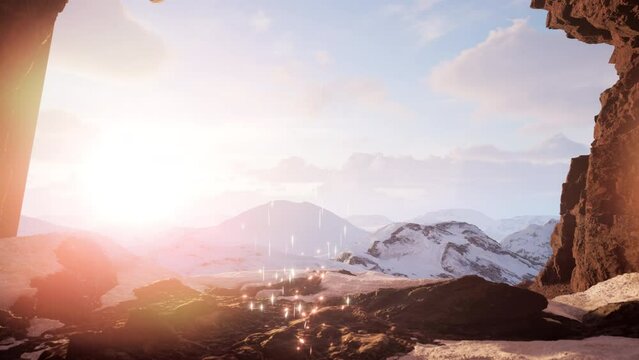 Epic and fantasy view of snowy mountains from a cave. 3d render