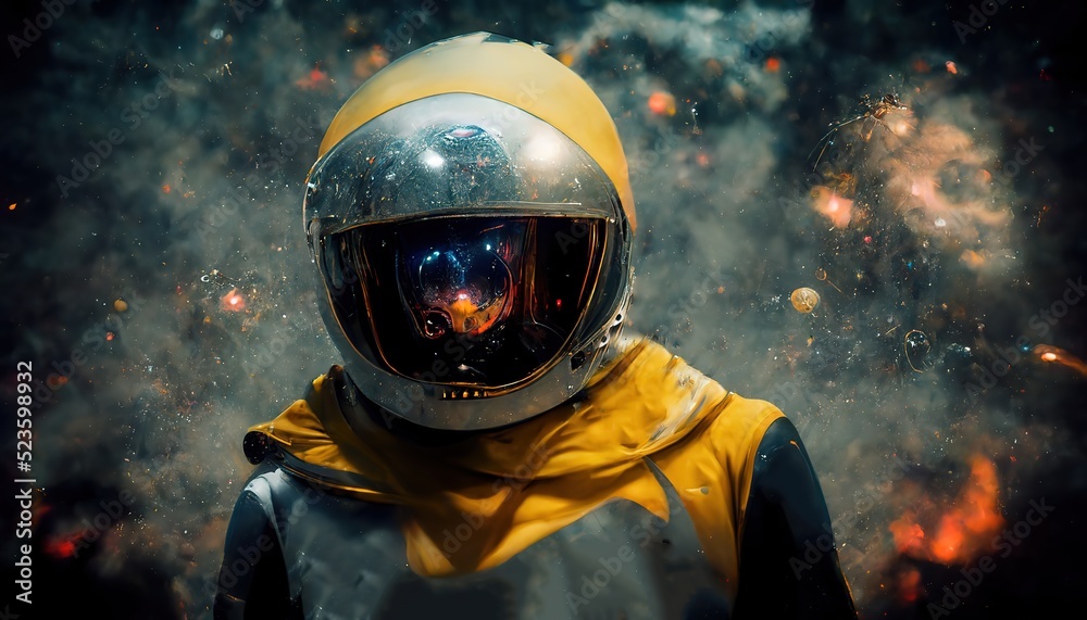 Poster An astronaut in a spacesuit and helmet in outer space, planets and stars in the background.3d render