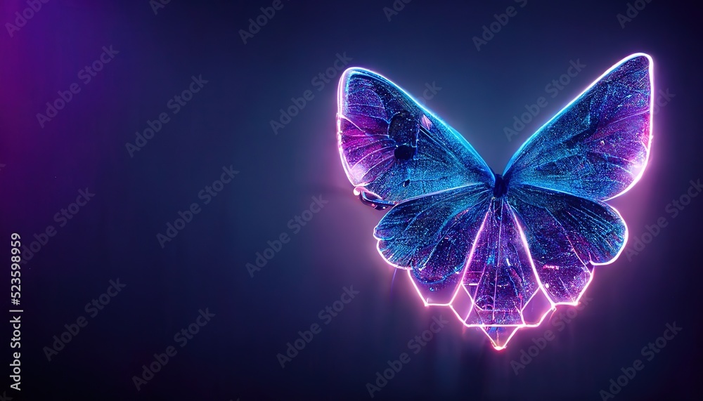 Fototapete A digital butterfly in a futuristic polygonal style on a blue background is isolated on a gray background. 3d render