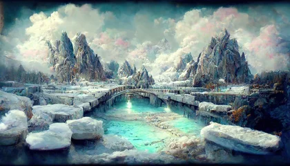 Foto op Plexiglas anti-reflex Winterlandschap berglandschap met ijzige toppen onder de blauwe hemel, natuur achtergrond met rotsen bedekt met sneeuw. 3d kunstwerk © Zaleman
