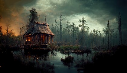 A wooden house, a witch's house on stilts in a remote forest at night. a forest with a wooden hut standing on a swamp, a mystical swamp landscape. 3d illustration - obrazy, fototapety, plakaty