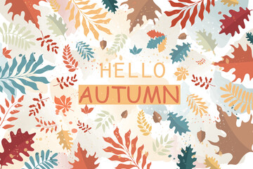 Vector poster with autumn leaves on a watercolor background. Autumn background.