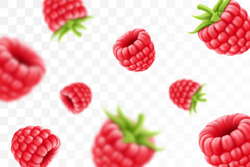 Raspberry background. Flying raspberry with green leaf on transparent background. Raspberry falling from different angles.Focused and blurry objects. 3D realistic vector.