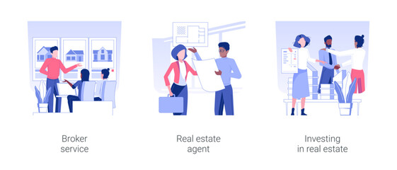 Real estate business isolated concept vector illustration set. Broker service, real estate agent, investing in property assets, business people signing contract, property listing vector cartoon.