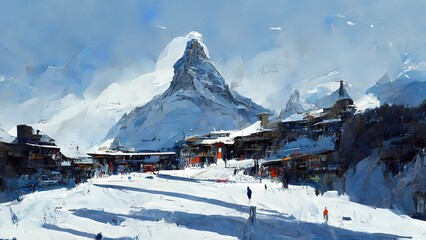 Zermatt, digital painting, switzerland mountain during winter. Snowy swiss landscape with Matterhorn. Blue sky and white clouds. 4k scenery, wallpaper background. Panorama view. Ski resort. - obrazy, fototapety, plakaty
