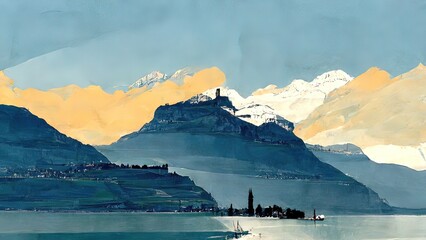 Lavaux, switzerland, digital painting. Watercolor, geneva lake with vineyards, mountains clouds. Beautiful 4k scenery. Colorful drawing, painting. Nature, tourism, outdoor view.