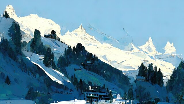 Swiss mountains snowy ski resort. Chalet during winter. Blue sky. Digital painting of mountains. Switzerland, travel landscape. 
