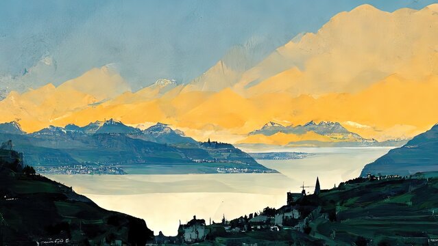 Lavaux, switzerland, digital painting. Watercolor, geneva lake with vineyards, mountains clouds. Beautiful 4k scenery. Colorful drawing, painting. Nature, tourism, outdoor view.