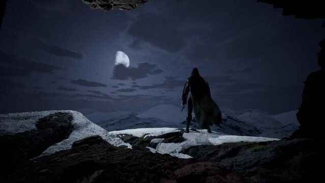 Silhouette of a man, watching epic and fantasy view of snowy mountains from a cave. 3d render