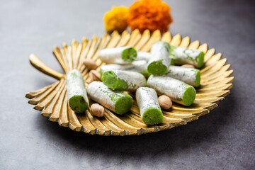 Pista Roll Or Pistachio Rolls Mithai or sigar, Indian sweet or dessert for festivals