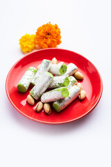 Pista Roll Or Pistachio Rolls Mithai or sigar, Indian sweet or dessert for festivals