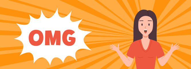Obraz na płótnie Canvas Banner with surprised woman and OMG text, flat vector illustration isolated.