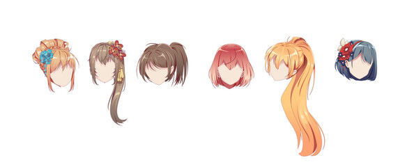 Obraz premium Anime hairstyles. Isolated hair set. Manag wigs. Vector illustration.