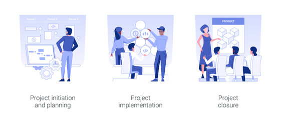 Project lifecycle isolated concept vector illustration set. Project initiation and planning, implementation and closure, IT company management, working workflow, product release vector cartoon.