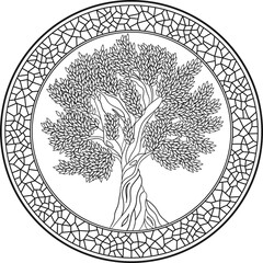 Outline olive tree in circle mosaic mandala frame