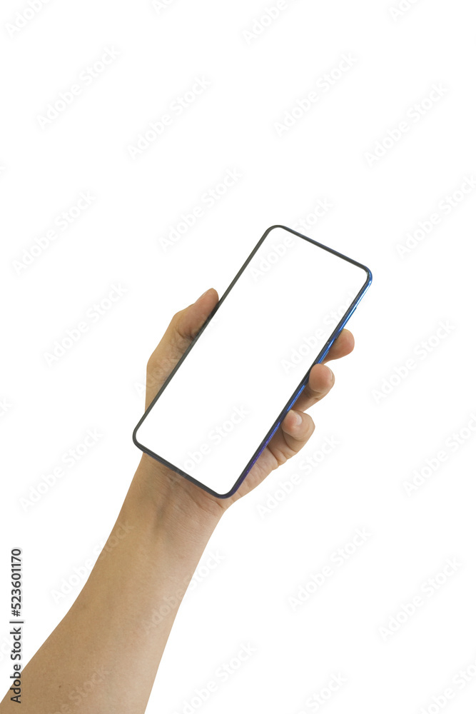 Canvas Prints hand holding smart phone with white blank screen isolated on transparent background - png format.