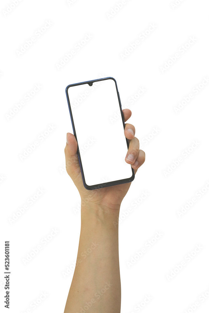 Canvas Prints hand holding smart phone with white blank screen isolated on transparent background - png format.