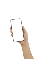 Hand holding smart phone with white blank screen isolated on transparent background - PNG format.