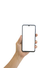 Hand holding smart phone with white blank screen isolated on transparent background - PNG format.