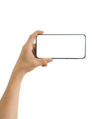 Hand holding smart phone with white blank screen isolated on transparent background - PNG format.