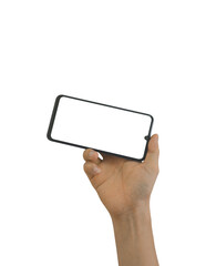 Hand holding smart phone with white blank screen isolated on transparent background - PNG format.