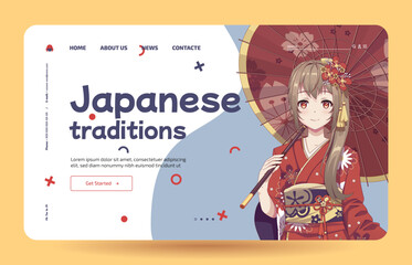Anime manga girls in traditional Japanese kimono costume holding umbrella. Learn Japanese - Landing page template
