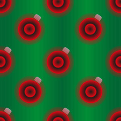 Creative seamless pattern with red neon christmas balls on beautiful green gradient background. Christmass background. Christmas concept. New year wrapping paper for gift box.