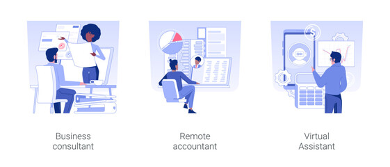 Online consultancy services isolated concept vector illustration set. Business consultant, remote accountant with laptop, virtual assistant, online bookkeeping, financial advisor vector cartoon.