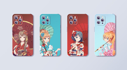 Anime manga girls in kimono and umbrella. Phone case design with colored print. Concept design for case and cover smartphone. Vector Illustration - obrazy, fototapety, plakaty