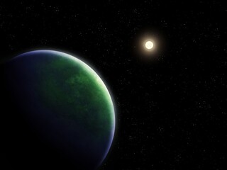 Fototapeta na wymiar Planet in the Habitable Zone. Earth-like planet near the star. Beautiful exoplanet in space.
