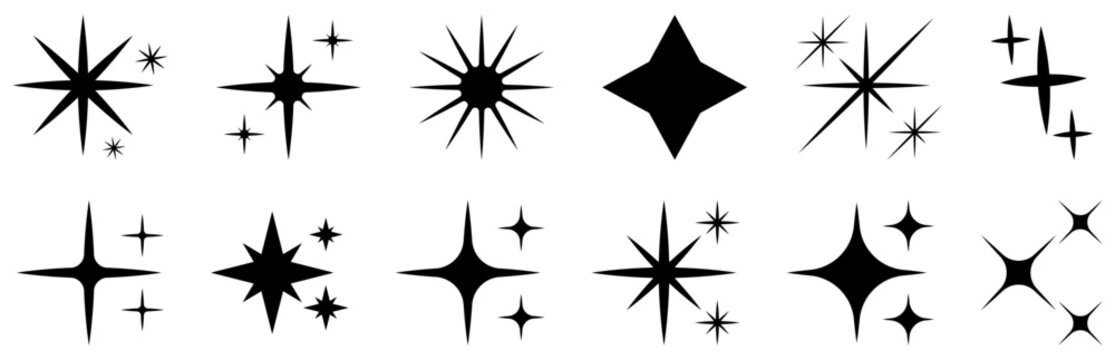 Stars set icons. Abstract sparkle black silhouettes symbols. Vector illustration isolated on white background