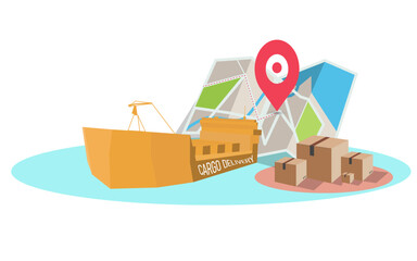 Online delivery by container ship on mobile service, online order tracking, global logistic, Ship delivery, sea logistics. warehouse, cargo, courier. Concept for website or banner.
