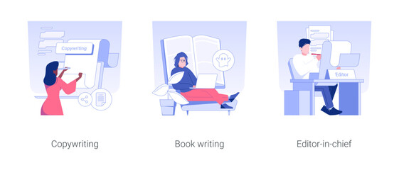 Obraz premium Editorial services isolated concept vector illustration set. Copywriting and copyediting remote job, book writing, editor in chief and publishing service, self-employed people vector cartoon.