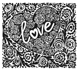 Background heart inscription Love. Buds rose flowers. Romantic postcard Valentines Day. Hand drawn vector line art illustration.