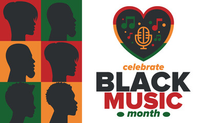 Black Music Month in June. African-American Music Appreciation Month. Celebrated annual in United States. Music concept. Poster, card, banner and background. Vector illustration