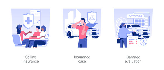Obraz premium Insurance broker isolated concept vector illustration set. Selling Peer to peer insurance, broken car insurance case, injured vehicle damage evaluation, emergency support vector cartoon.