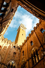 Fototapeta premium Interior courtyard and tower of the city hall (in italian: Palazzo Comunale or Palazzo Pubblico) in Siena, Tuscany, Italy, Europe