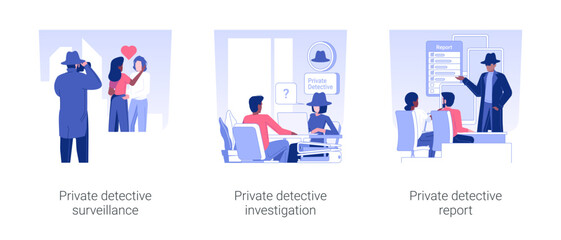 Private detective services isolated concept vector illustration set. Private detective surveillance and investigation, report to a client, interviewing people, watching a couple vector cartoon.