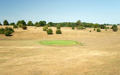 Golf course and dry grassland with green hole due to heatwave. Beverley, UK.