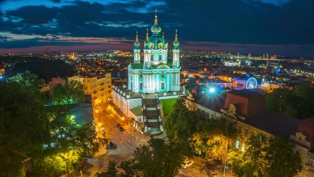 Timelapse of the Night view of the historical center of Kyiv city, Ukraine. St Andrew's Church, Kyiv is an Orthodox church in Kyiv, constructed between 1747 and 1754. Timelapse