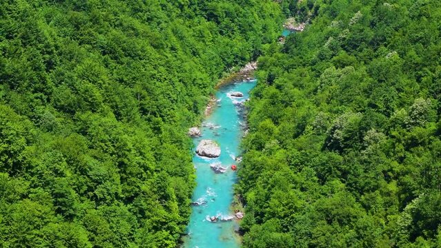 Tara River Canyon or Tara River Gorge located between high mountains. Canyon is the largest and deepest canyon in Europe. View from Durdevica Tara Bridge  in northern Montenegro.