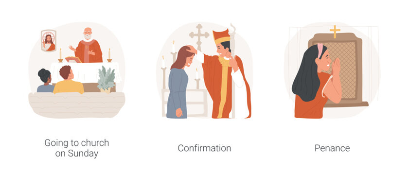 Christian rituals isolated cartoon vector illustration set. Catholic couple attending church on Sunday, confirmation ritual in the church, woman penance in the confession booth vector cartoon.