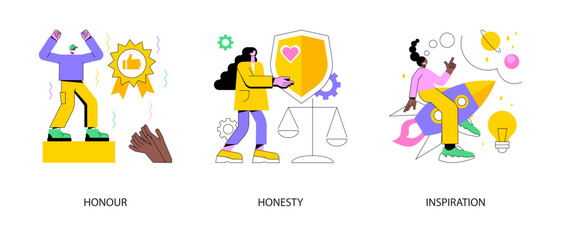 Moral principles abstract concept vector illustration set. Honour and honesty, creative inspiration, professional quality, new idea brainstorming, ethics and value, public respect abstract metaphor.