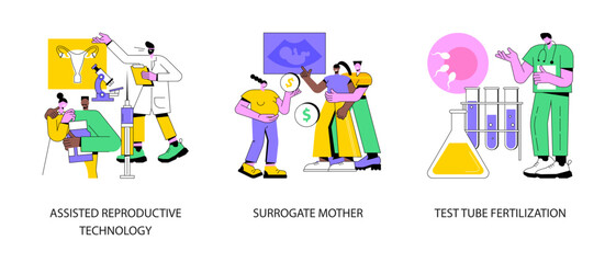 Infertility procedures abstract concept vector illustration set. Assisted reproductive technology, surrogate mother, test tube fertilization, pregnant woman, artificial insemination abstract metaphor.