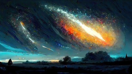 Milky way, galaxy view. 4K night sky, digital painting, background. Star gazing, shooting stars, space drawing, illustration. Colorful stars.